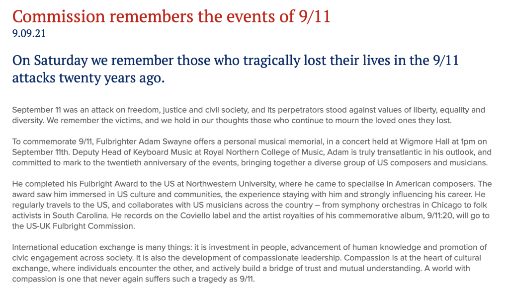 Statement on 9/11 by the US-UK Fulbright Commssion.
